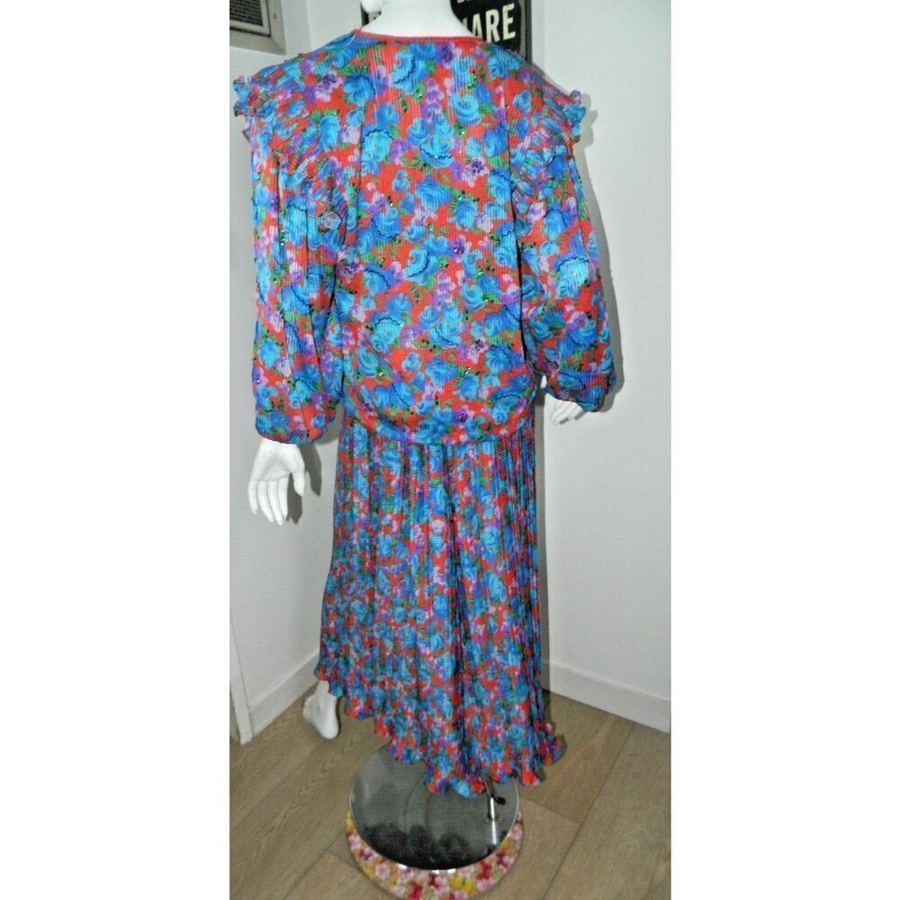 Vintage Diane Freis Skirt Set L/XL Blue  Purple Red Floral‎ Pleated Sequins 80's - Picture 2 of 13